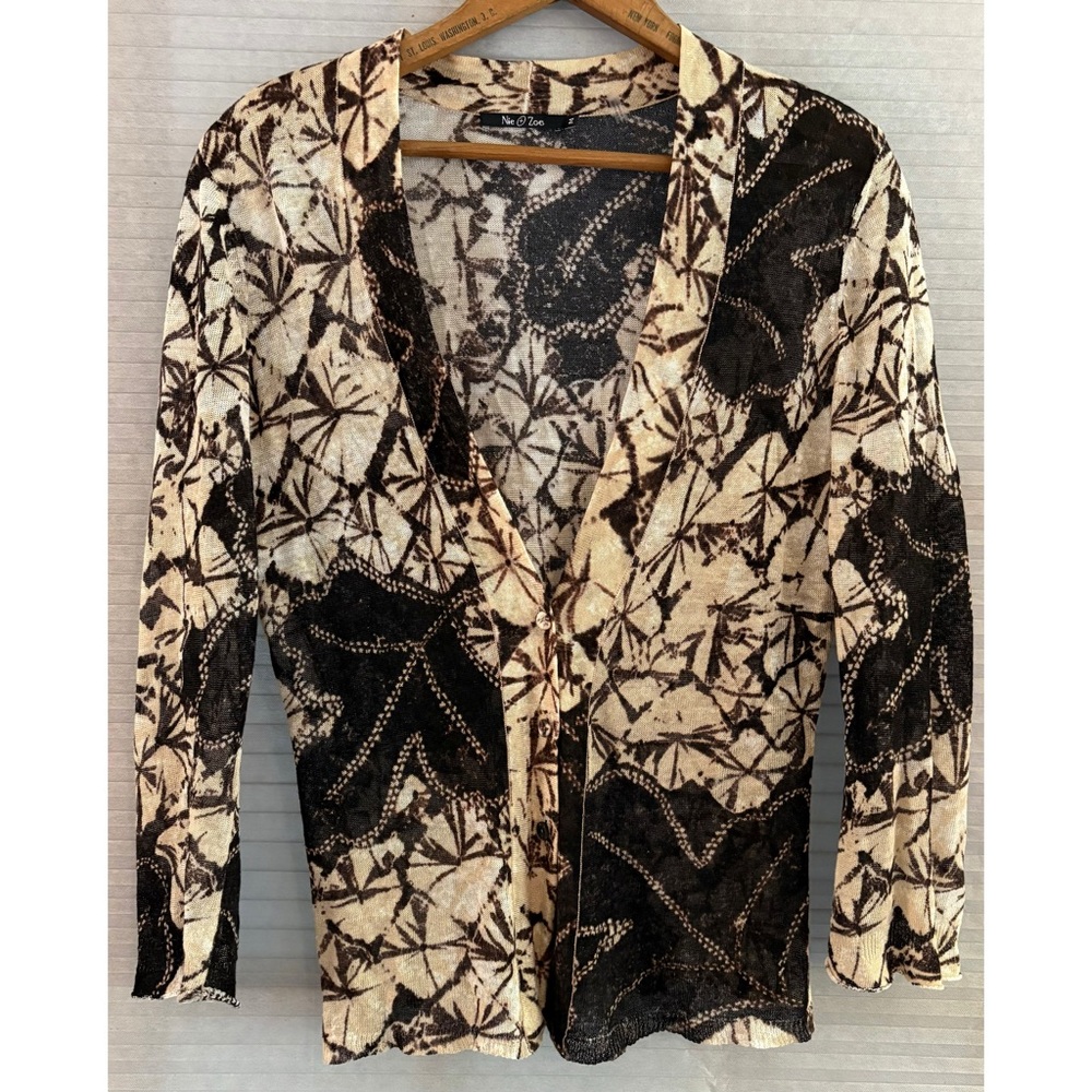 Nic + Zoe Tan Brown Black Tie Dye Cardigan Sweater Lightweight Semi Sheer Boho